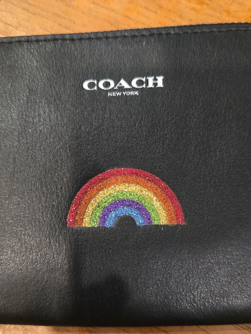 Coach Black Leather Wristlet with Rainbow Patch